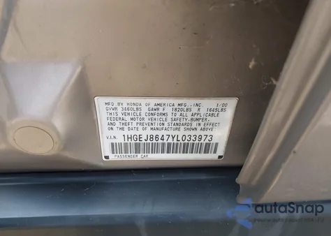 2000 Honda Civic Ex из США, поврежденный, VIN 1HGEJ8647YL033973